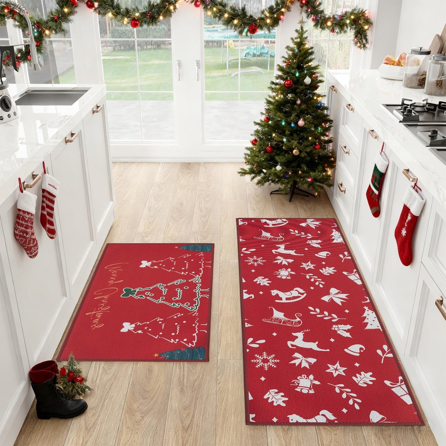 Merry Christmas Kitchen Mat Set of 2 PCS, Non Slip Rugs for Kitchen Floor, Re...