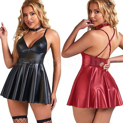 Leder A-Linie Minikleid PU Plissee Verstellbar Cami Rückenfrei Träger Halsband