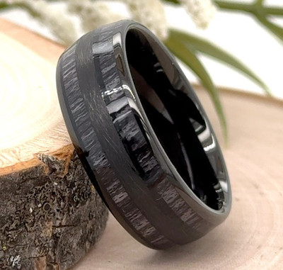 8mm Black Tungsten Fashion Men's Ring   Chevron Wood Inlay Brushed Finish Band