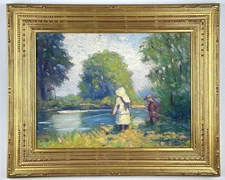 Roy Nuse ca. 1915 PA Impressionist Landscape Children Fishing oil painting