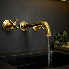 Unlacquered Brass Wall-Mount Faucet, Hammered Finish Gooseneck Spout, Cross Hand