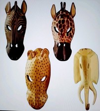 4 AFRICAN ANIMALS MASKS 2D (flat) rustic Wooden WALL HANG MOUNT Decor see Pics
