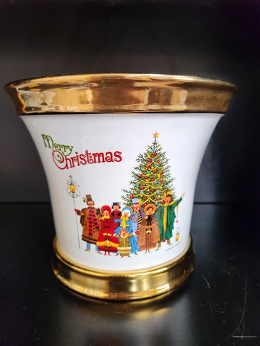 Vintage 2004 Charles Wysocki Merry Christmas Ceramic Planter Bowl Gold Rimmed - Picture 1 of 5