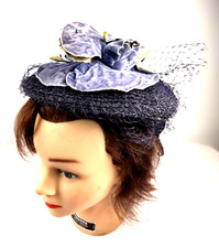 Vintage Navy Straw Hat Blue Floral Trim Netting Womens Church Garden