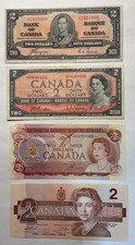 4 Different Canadian 2 dollar bills 1937 1954 1974 and 1986