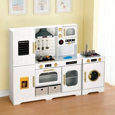 Kids Pretend Play Wooden Kitchen Playset Toys w/Sounds Realistic Light, White