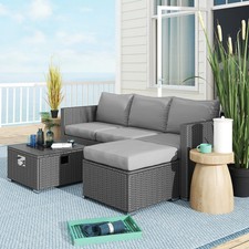 5Piece Garden Rattan 4Seater Sofa Set Gas Fire Pit Table Footstool Outdoor Patio