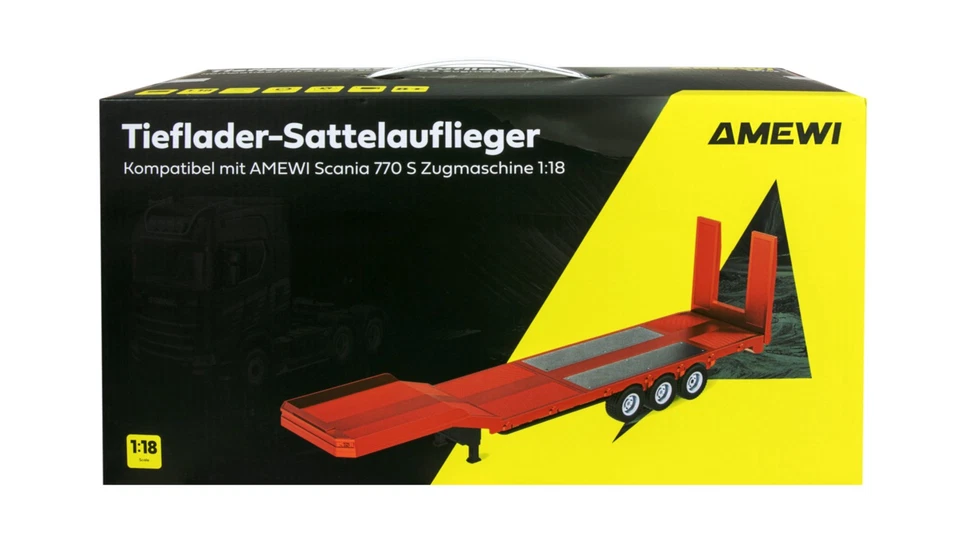 TIEFLADER-SATTELAUFLIEGER DREIACHSER FÜR SCANIA 1:18 22717 ROT AMEWI 22742 - Bild 2 von 4