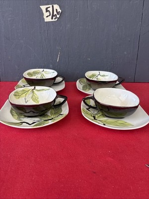 DWN3- 3C-Lot of 4 Red Wing Pottery Magnolia Pattern Cups and Saucers Bronze Rare