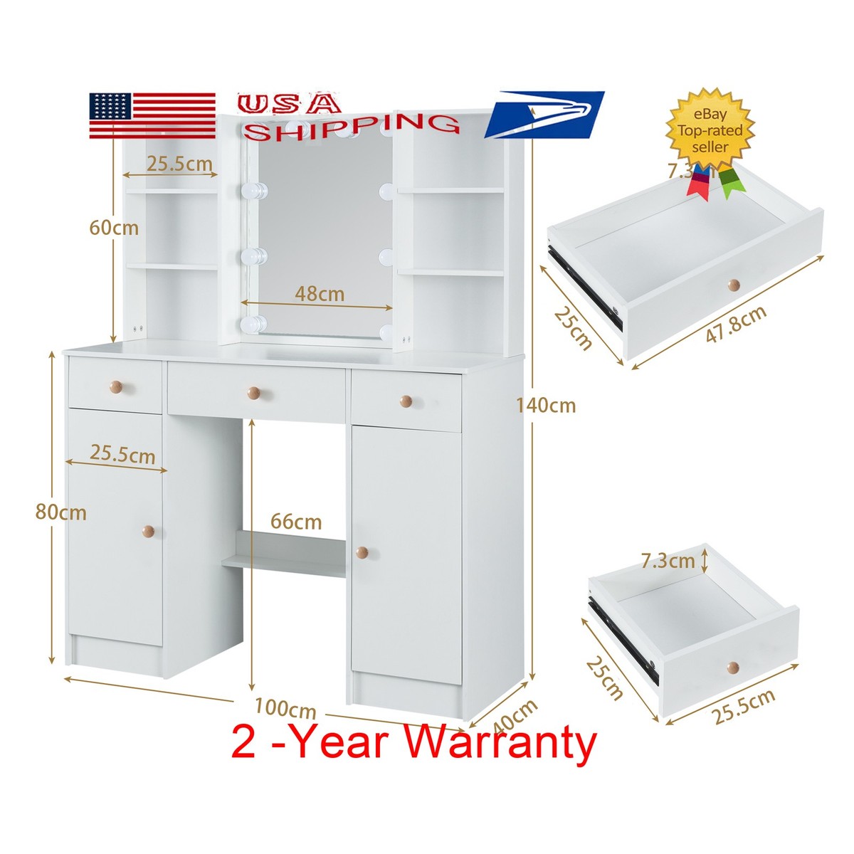 White Dressing Table Set Vanity Makeup Desk with Mirror, Stool and 10 LED Lights View 2