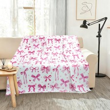 50x60 Inch Pink Bow Flannel Blanket Soft Warm Cozy Throw Sofa Bed Home Decor