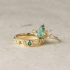 2 Stück Moosachat Diamant Verlobungs Hochzeitsring Paar Ring 18K Gelbgold Über