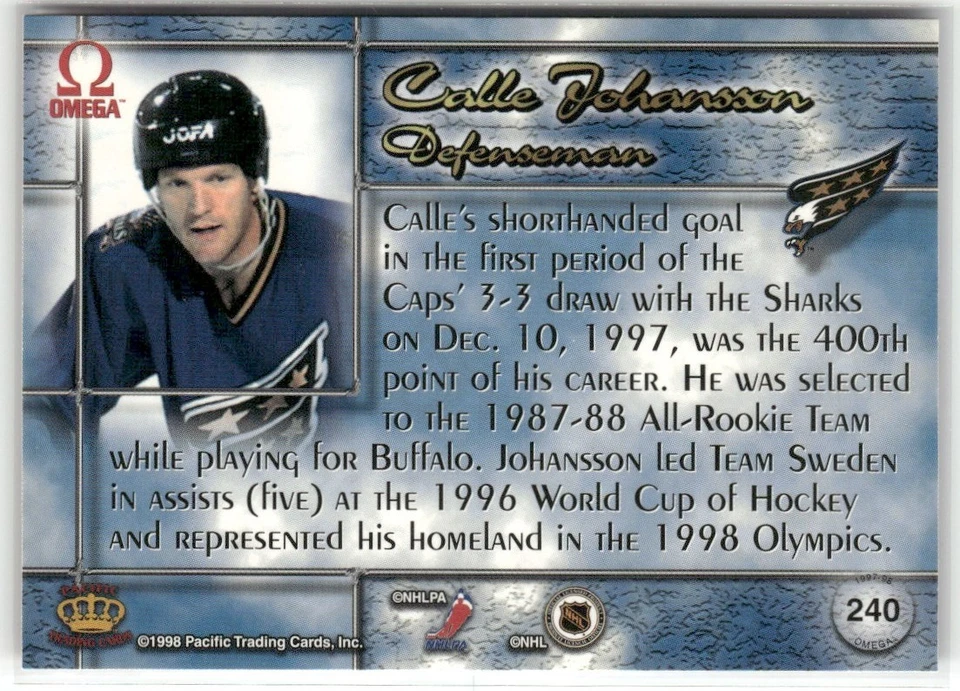 1998-99 PACIFIC OMEGA COPPER CALLE JOHANSSON WASHINGTON CAPITALS #240 - Image 2 of 3