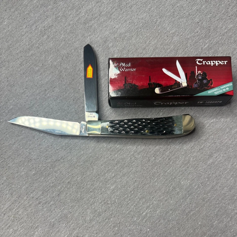 Navaja de bolsillo Steel Warrior Trapper 2-Bld hueso jigged negra/verde nueva en caja SW-108GRPB Foto 3 de 4