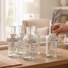 Set of 5 Clear Glass Bottle Bud Vases w/ Cross Tags, Free-Standing Decor