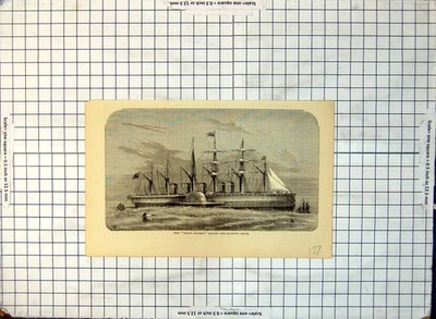 Alter Druck Great Eastern Laying Atlantic Kabel Dampfschiff Masten Trichter um 1888 127G