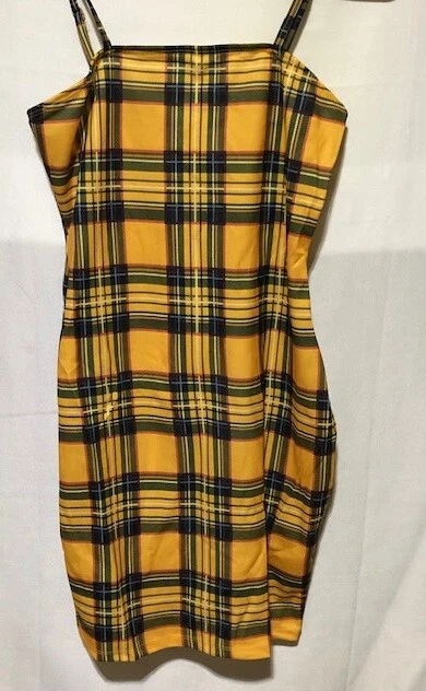 Yellow Plaid Cami Mini Dress Spaghetti Straps Zipper Back Size XS