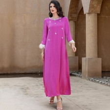 Elegant Women Satin Abaya Kaftan Muslim Maxi Dress Dubai New Evening Party Gown