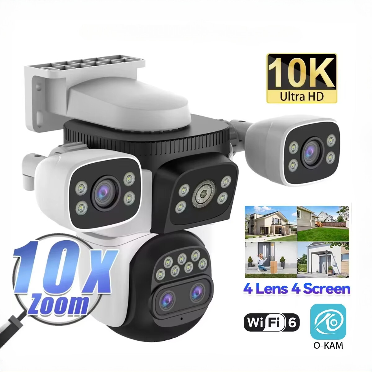 10K UHD WiFi6 20MP Security Camera 10X Zoom Four Screens PTZ Auto