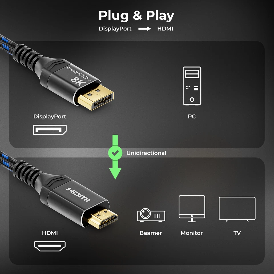 2m DisplayPort DP auf HDMI Adapter Kabel 4K @60Hz HDMI 1.4 Konverter Kabel ALU - Bild 3 von 4