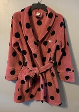 PINK by Victorias Secret ROBE Size XS Womens POLKA Dot Short Fluffy Pink Black