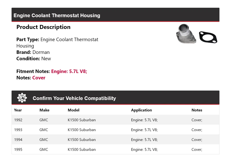 Carcasa termostato refrigerante motor Suburban Dorman 1992-1995 GMC K1500 1993 Foto 2 de 4