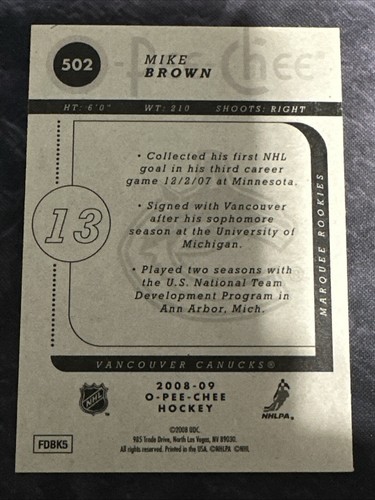 2008-09 O Pee Chee Marquee Rookie 502 Mike Brown Vancouver Canucks - Picture 2 of 2