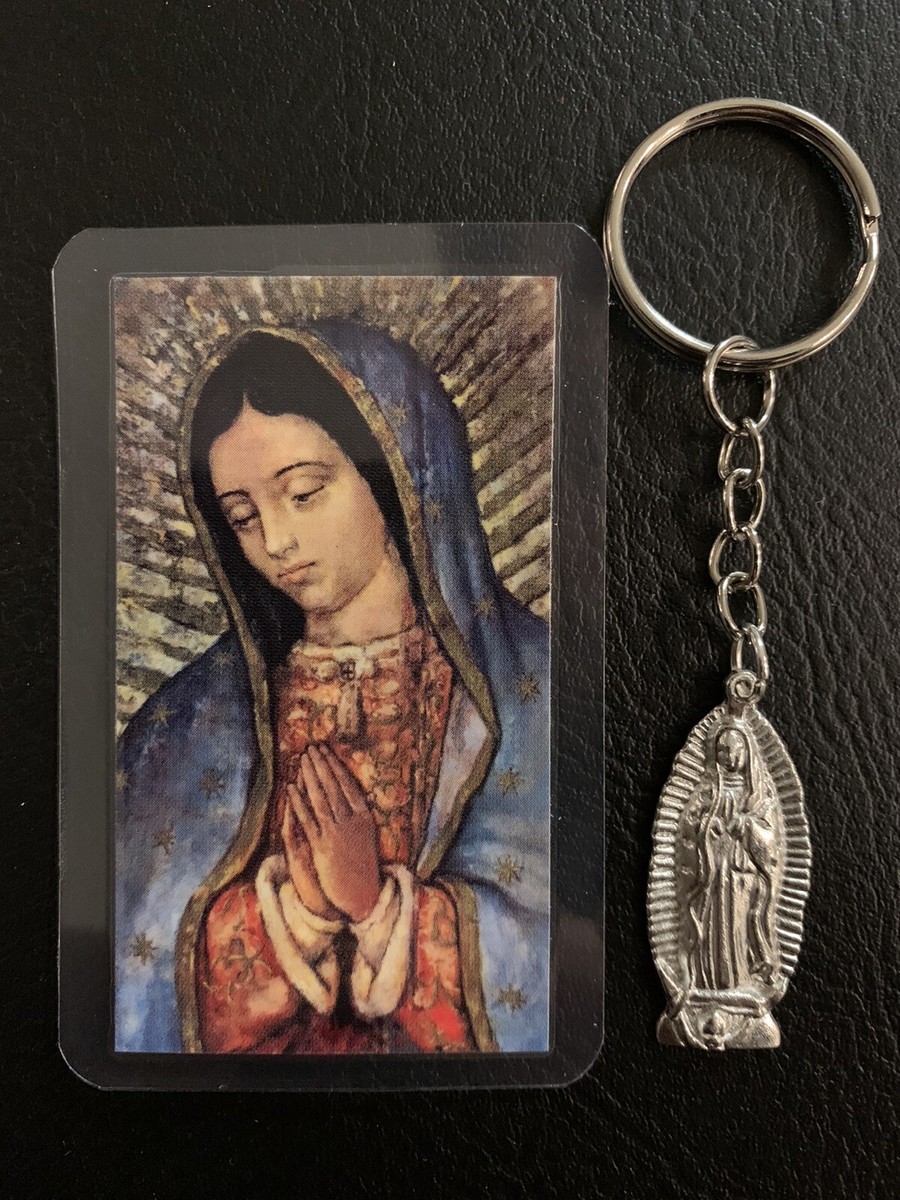 Virgen De Guadalupe keychain With Laminated Spanish prayer. Silver