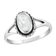 Classic Elegance Oval White Mother of Pearl Inlay Sterling Silver Band Ring-7