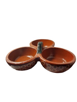 Salsero Tri Bowl Saucer Salsa Dip Mexico Mexican Hand Painted Barro Clay 