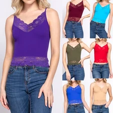 Womens Cropped Lace Camisole Tank Top Ribbed Stretch Adjustable Straps