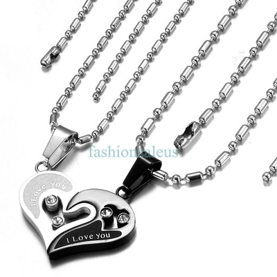 2pcs Heart Couple Stainless Steel Pendant Set ''I LOVE YOU'' Necklace Chain Gift