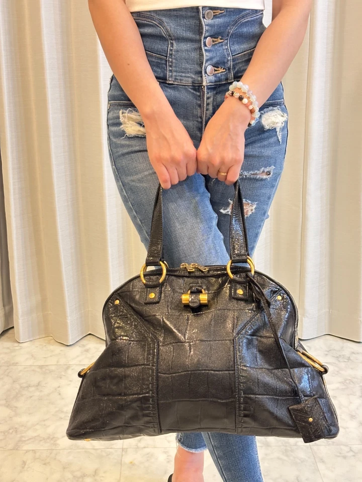 YSL Muse Handbag Black Croc Patent Leather Bag Tote Authentic - Image 3 of 4
