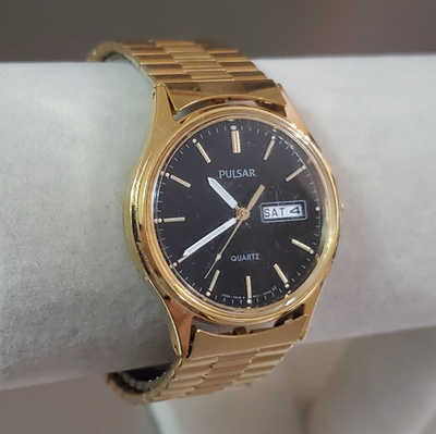 #ad #ad Pulsar Watch Vintage Men#x27;s Black Dial Day Date Analog Gold Tone 6.75 inch 34 mm $40.95