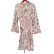 Carole Hochman Mixed Floral Robe Wrap NEW White Pink Medium Cotton Pockets