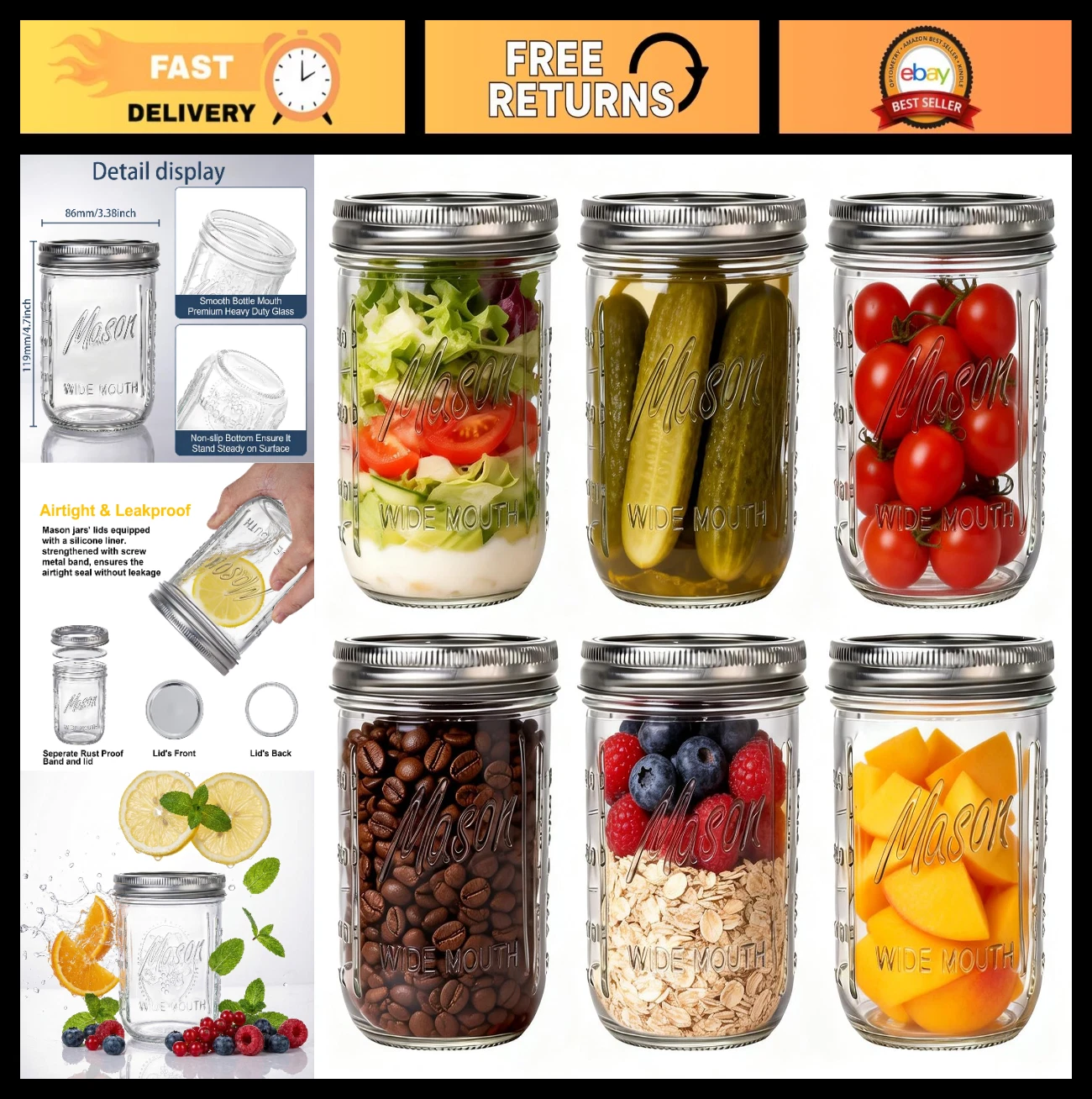 6-Pack 16 oz Wide Mouth Mason Jars with Lids - Airtight Glass Canning Jars for F