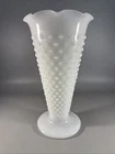 Vintage White Milk Glass Hobnail Large Vase Pedestal 9.5” Fluted Ruffled Edge