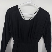 Free People Black Crinkle Gauze Square Neck Mini Dress Boho Tie Back Women Small