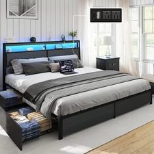 King Size LED Bed Frame with Storage Headboard and 4 Drawers Charging Station