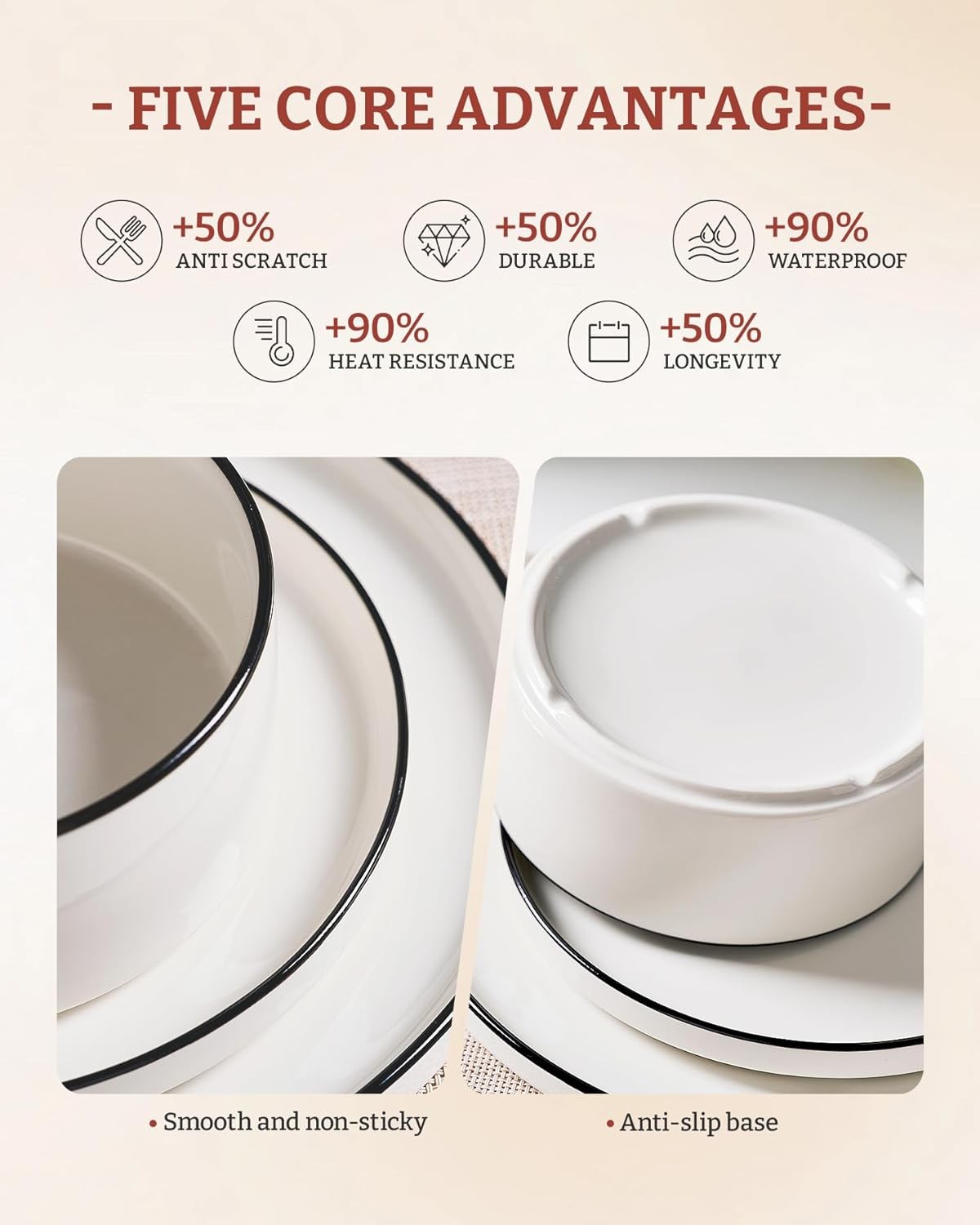 Famiware Porcelain Dinnerware Set, 4-Set(12pcs), White with Black Trim 
