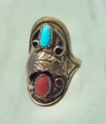 Vintage TURQUOISE & CORAL Leaf Silver Navajo Native American Ring Size 7.5