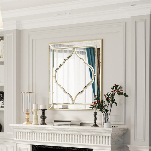 Square Silver Wall Mirror Art Decor Bling Golden Rim Elegant Line Garden Mirror - Picture 3 of 18