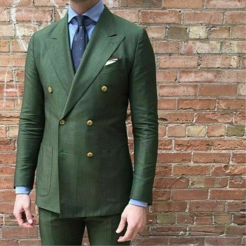 Olive Green Men Suit Peak Lapel Party Formal Business Groom Tuxedo Wedding Suit - Picture 7 of 9