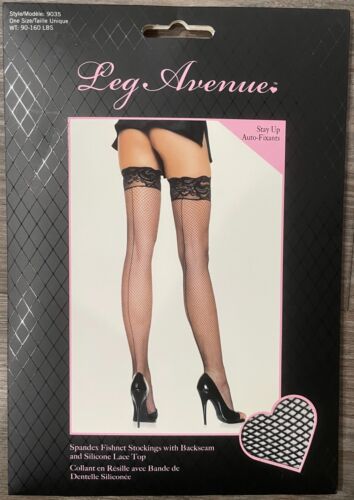 Women's Black Thigh Fishnet Stockings W/Backseam & Silicone Lace Top, One Size - Picture 1 of 2