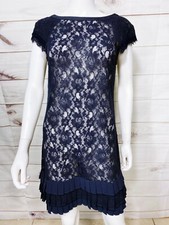 Womens Sheer Lace Dress Sz S Blue Lace Floral Pleated Hem Short Sleeve Back Zip