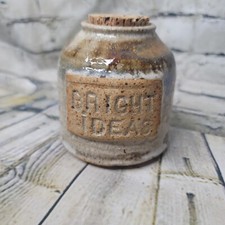 Golden Age Pottery Jug Cork Top Jar Handmade BRIGHT IDEAS Rustic Primitive 4.25"