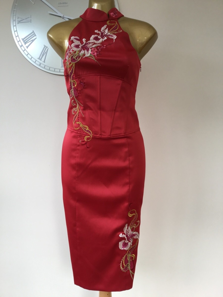 💕KAREN MILLEN 10 UK VINTAGE RED ORIENTAL STYLE EMBROIDERED SATIN PENCIL  DRESS