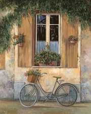 ceramic tile mural backsplash. romantic Tuscany street , bicycle flower garden
