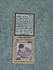 CIRCA 1930's DIAMOND MATCHBOOK HOCKEY COVER: BILL BRYDGE, NEW YORK AMERICANS