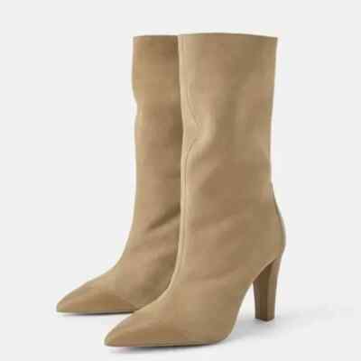 Zara Pointed Toe Pull On Knee High Heeled Boots Khaki Tan Women's